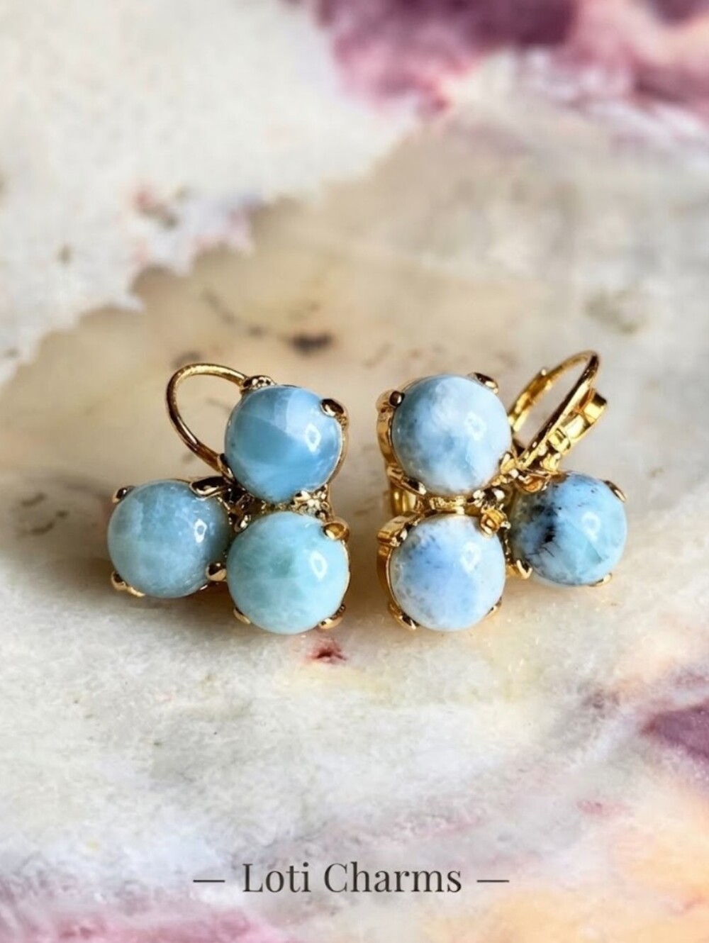 Genuine Dominican Larimar In Three Stones Gold Plated Classic Earrings